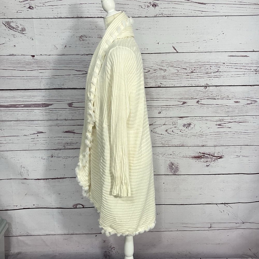 Chico's 3 Ecru Knit Open Cardigan‎ Sweater Fringe Trim Whipstitch Rib - Picture 2 of 15